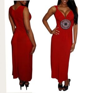 Long Red Sexy V-neck Maxi Dress With Stone Embelli